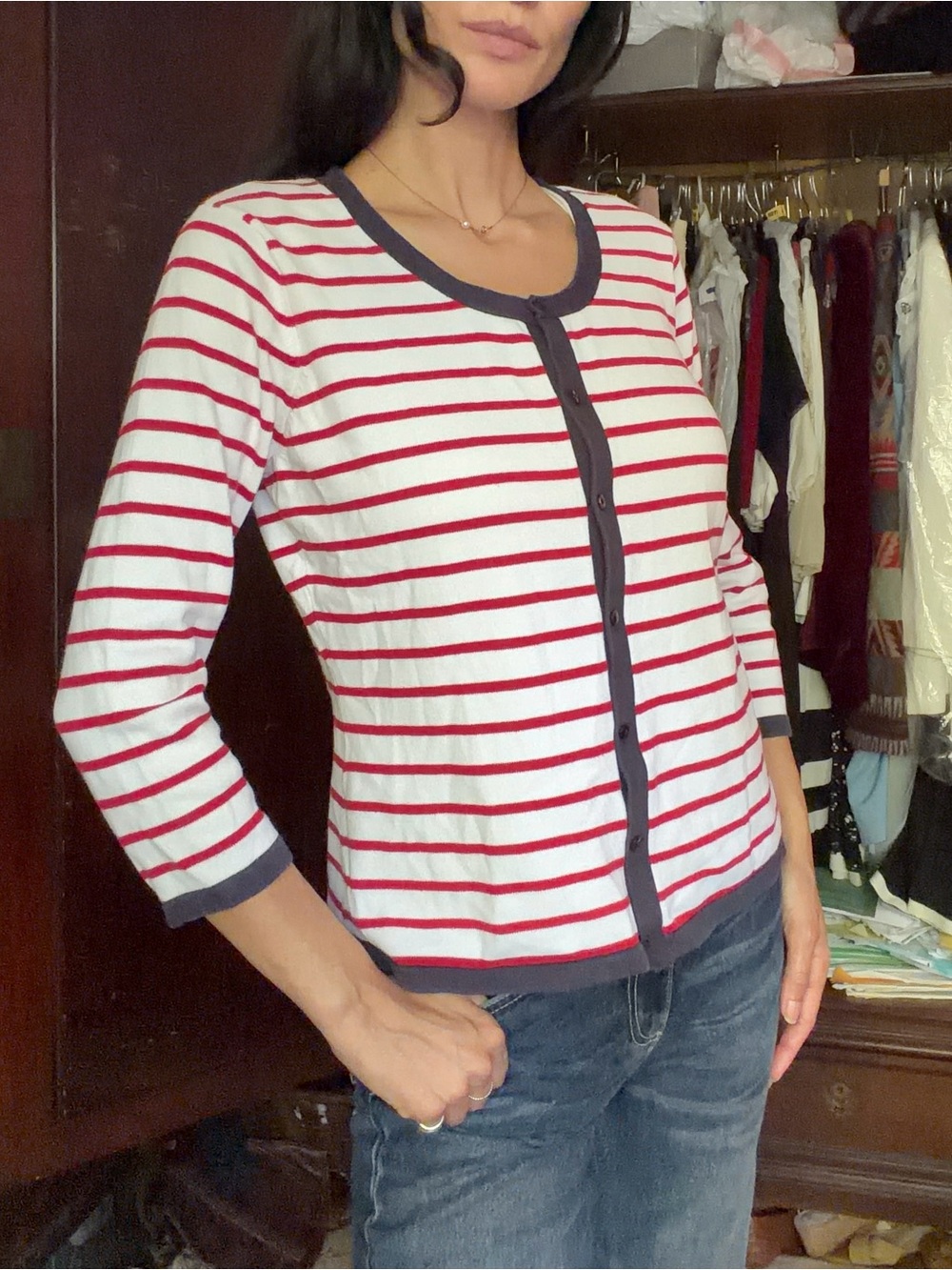 Talbots super cute Striped Red & White Button Cardigan with Navy Trim